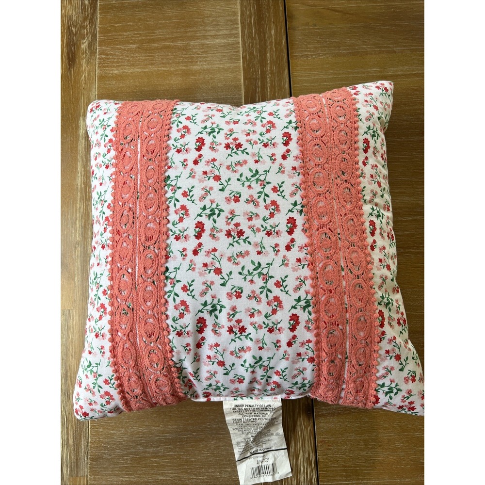 Pioneer Woman Floral‎ Lace Pink Green Coral Throw Pillow 16" X 16"